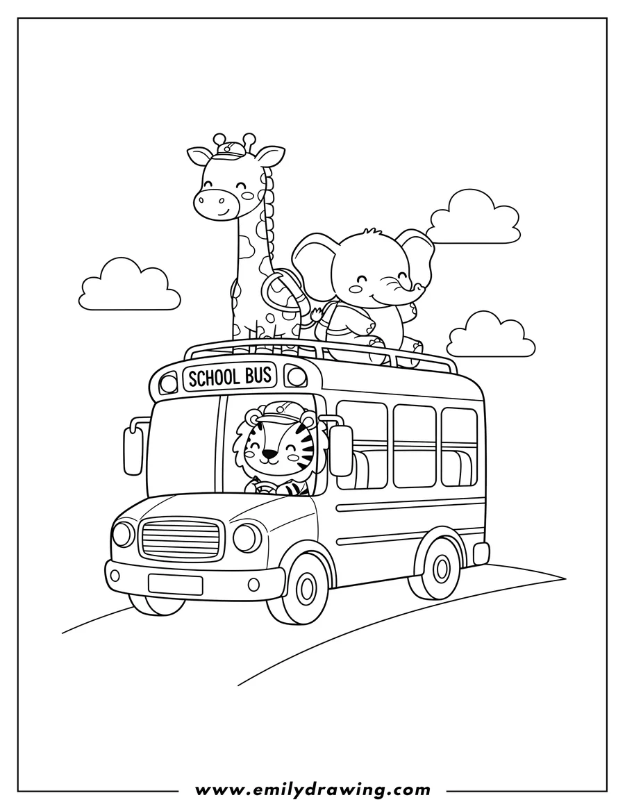 Coloring sheet featuring kawaii Lion and Zebra driving a school bus with Elephant and Giraffe riding on top