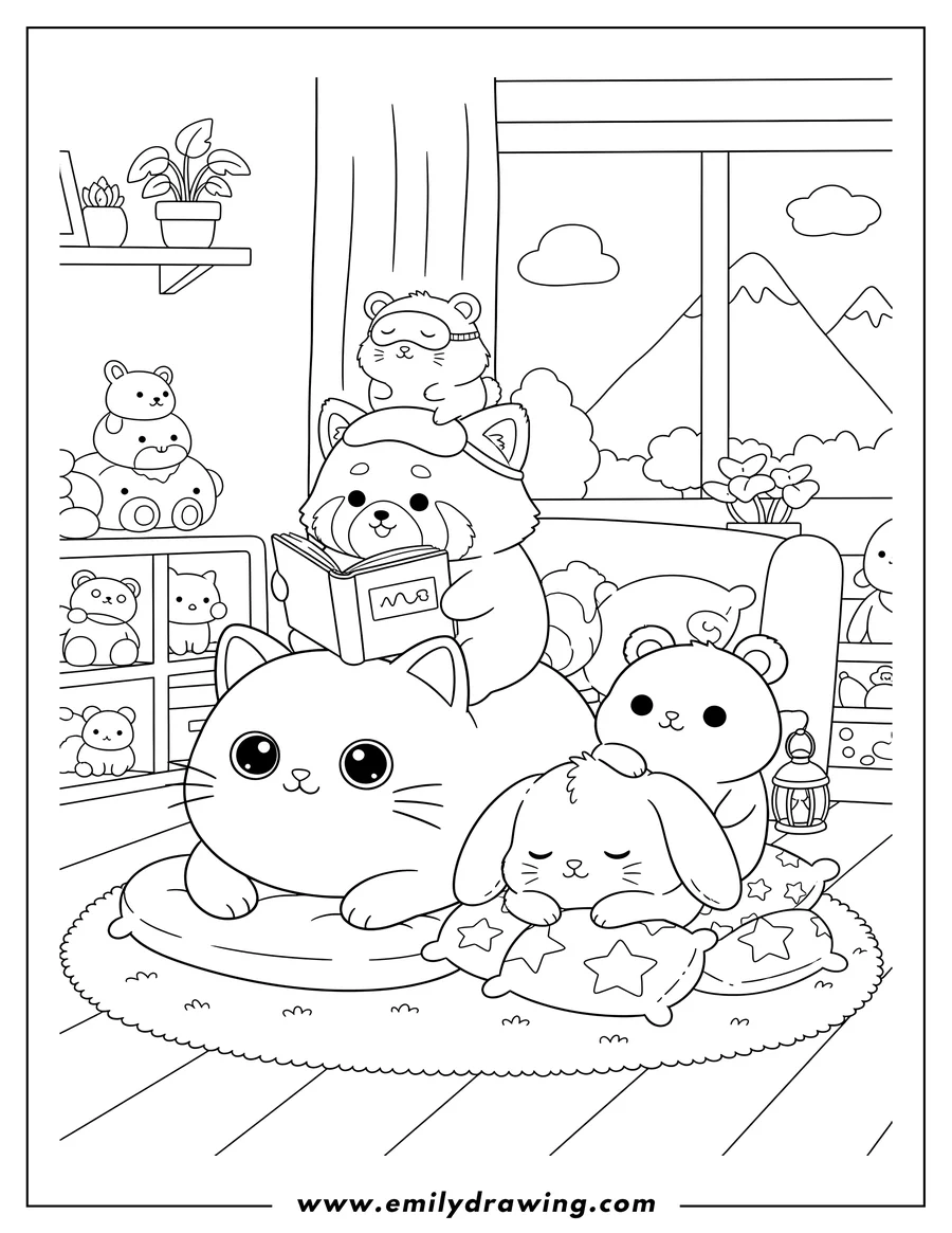 Coloring page for kids: kawaii Little Animals Resting Room, with characters stacked and one reading a book