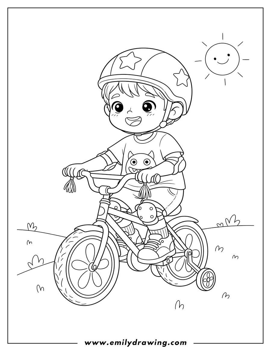 Vector style outline of kawaii Little Boy Preschooler wearing a helmet and smiling, riding a Bicycle With Training Wheels