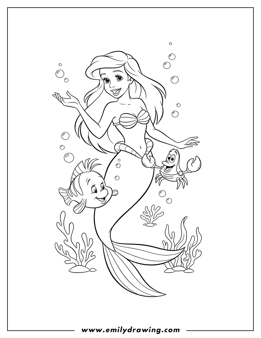 Linear illustration of little Mermaid Ariel, with Flounder swimming beside her and Sebastian on her tail