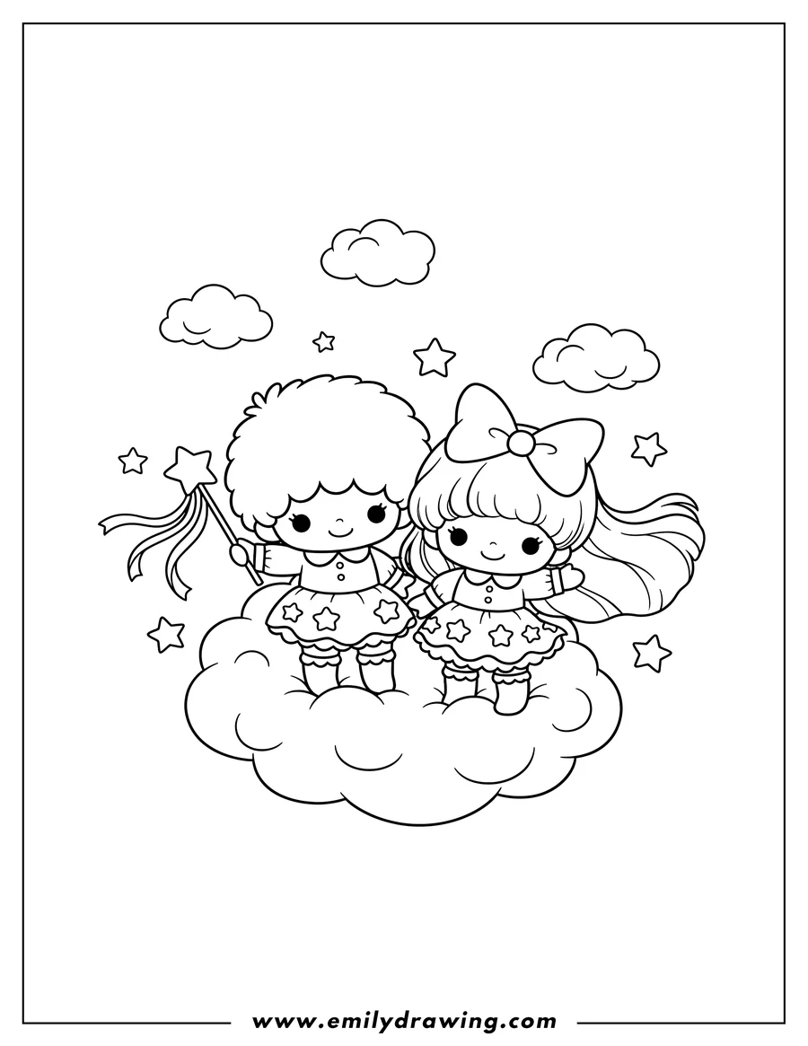 Black and white line art of kawaii Little Twin Stars On Cloud, one holding a star wand and the other wearing a bow