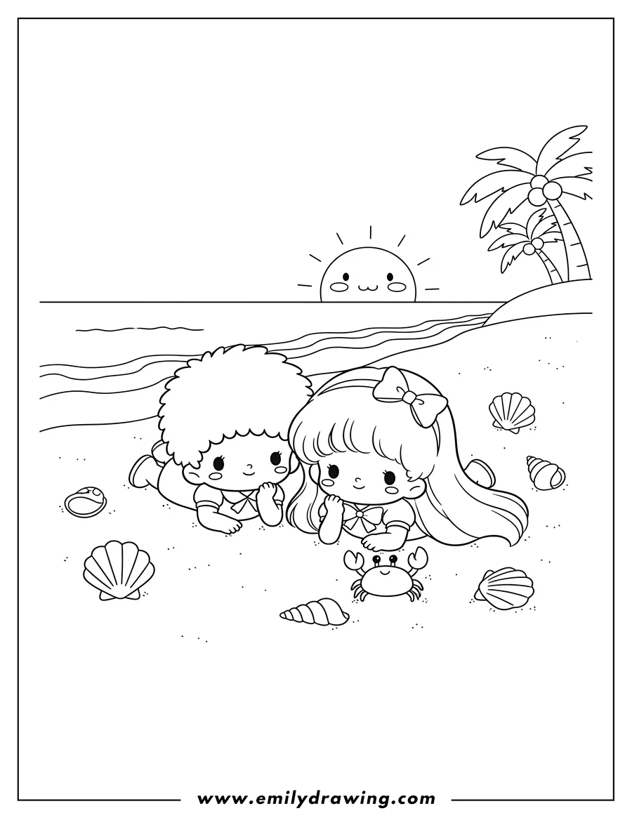 Free printable coloring sheet of kawaii Little Twin Stars On Beach, lying on the sand with seashells and a crab