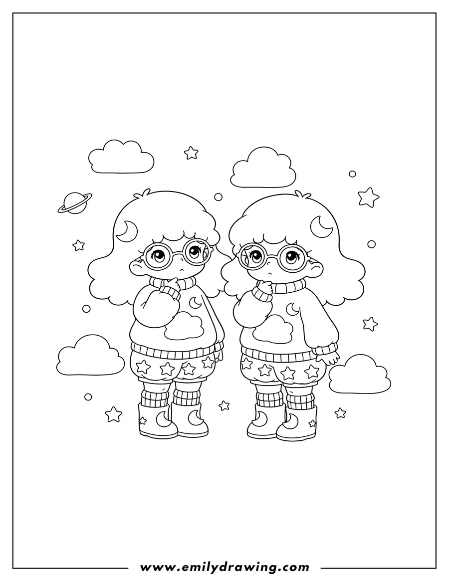 Outline drawing of little Twin Stars Wearing Matching Clothes and glasses, with a thoughtful pose