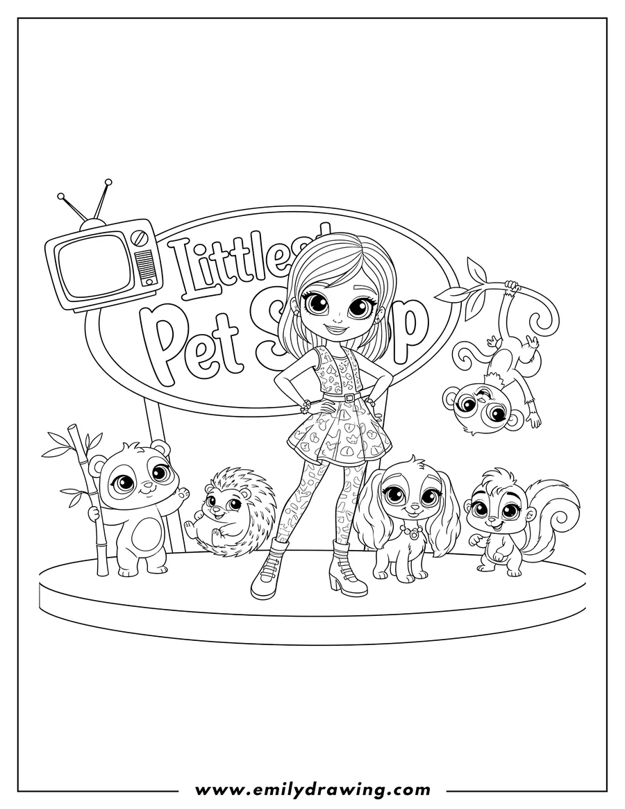 Black and white line art of littlest Pet Shop Tv, Blythe Baxter and her pet friends posing around a Littlest Pet Shop sign