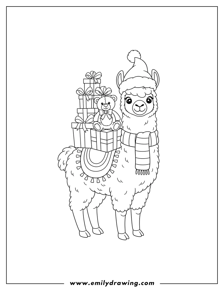 High quality printable a llama wearing a Santa hat and scarf, carrying gift boxes and a teddy bear on its back for coloring