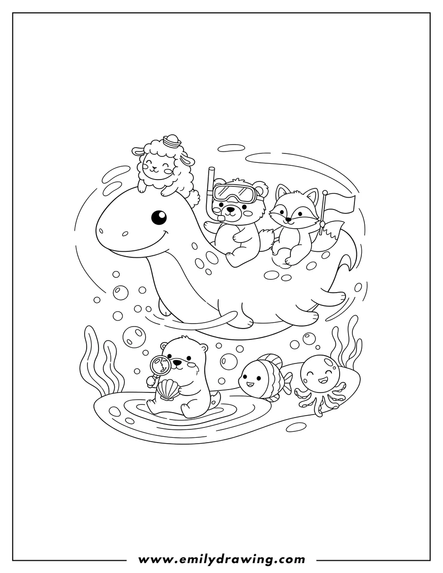 Vector style outline of kawaii Loch Ness Monster swimming with cute animals on its back and others exploring underwater with a magnifying glass