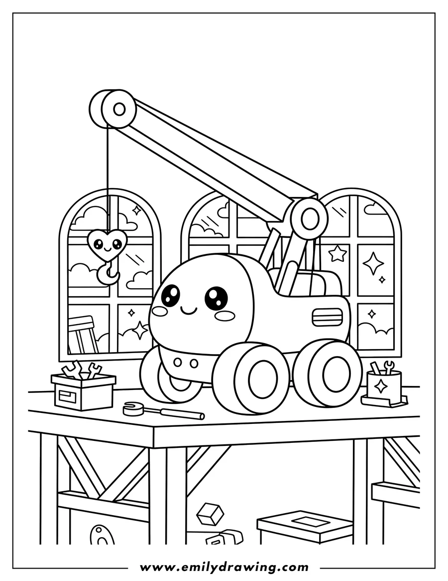 PDF style coloring page: kawaii Loft Crane with a smiling face and big wheels