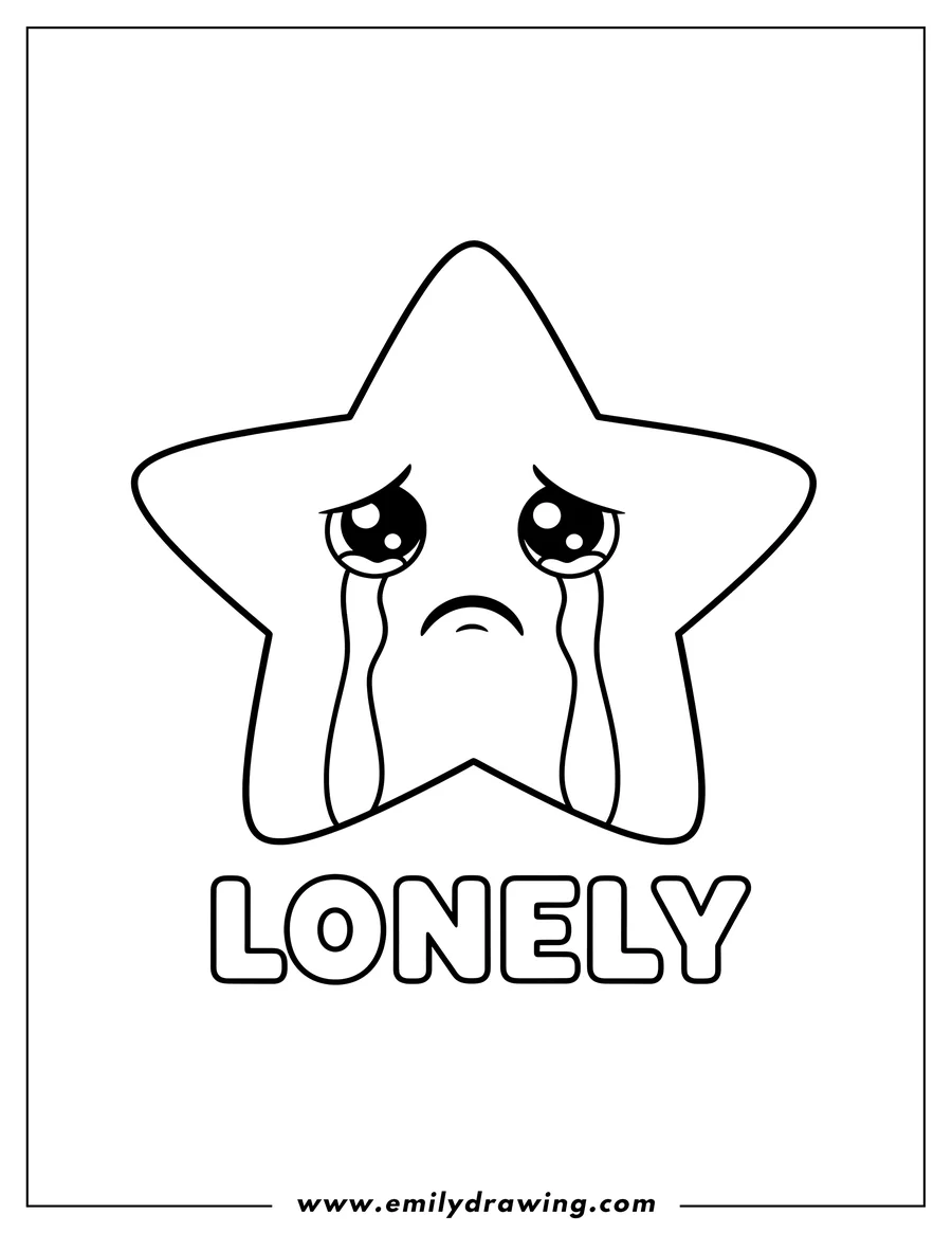 Full page coloring image of lonely cartoon star with a sad face and the word LONELY written below, for preschoolers