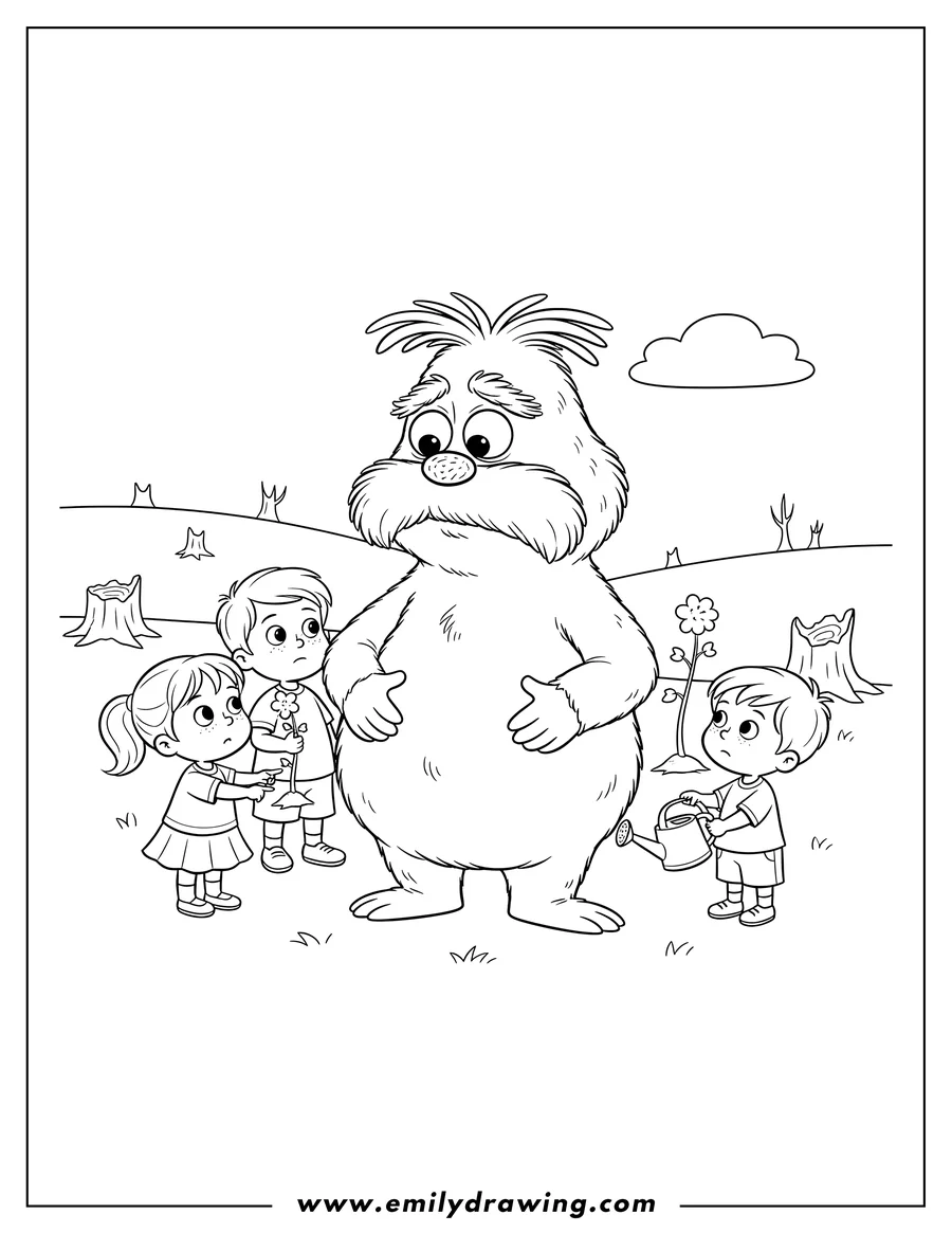 Coloring page of kawaii Lorax with hands on his fuzzy belly, looking worried, Preschoolers