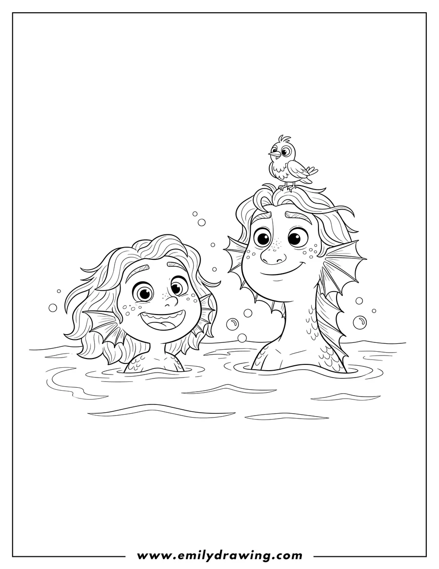 Free to print drawing of luca and Alberto as sea monsters in water, one smiling, and the other with a bird on his head