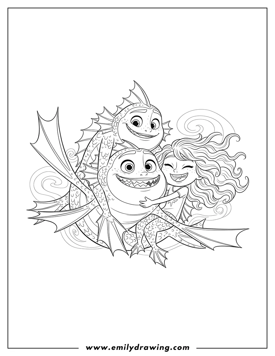 Doodle style coloring picture of luca and his friends as smiling sea monsters, piled together