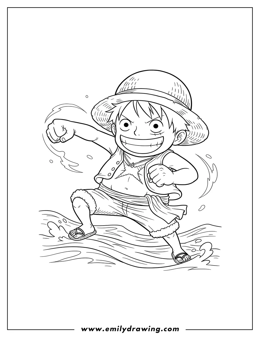 Free to print drawing of kawaii Luffy broadly smiling with a scar under his eye, in a dynamic fighting pose on the sea