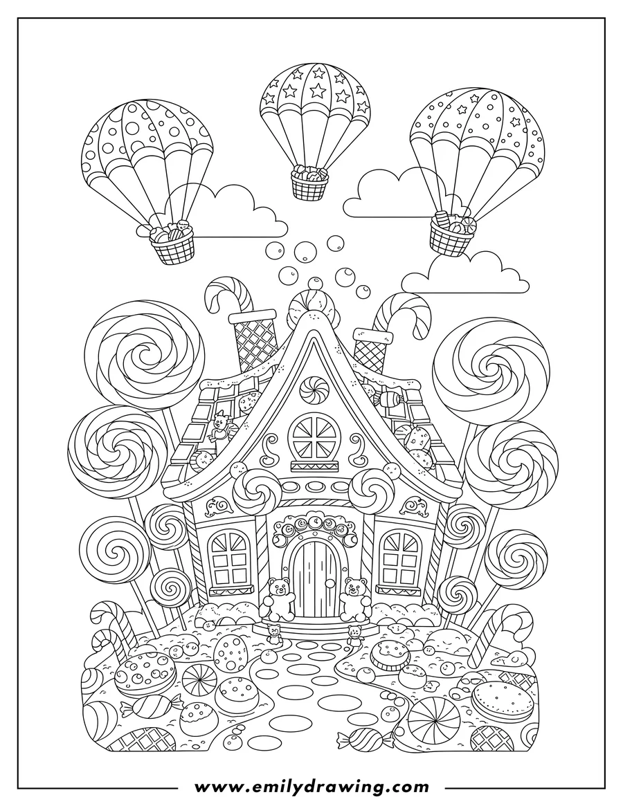 Downloadable coloring page of magical Candy Village with a candy house, lollipops, and parachutes