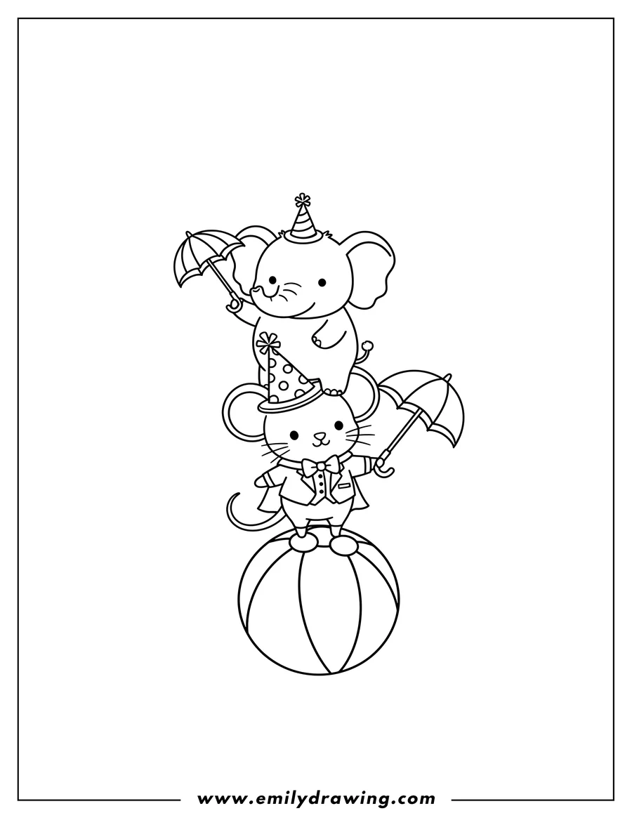 Coloring page of kawaii Magician Mouse And Balancing Elephant, wearing a party hat, holding an umbrella, and balancing on a ball