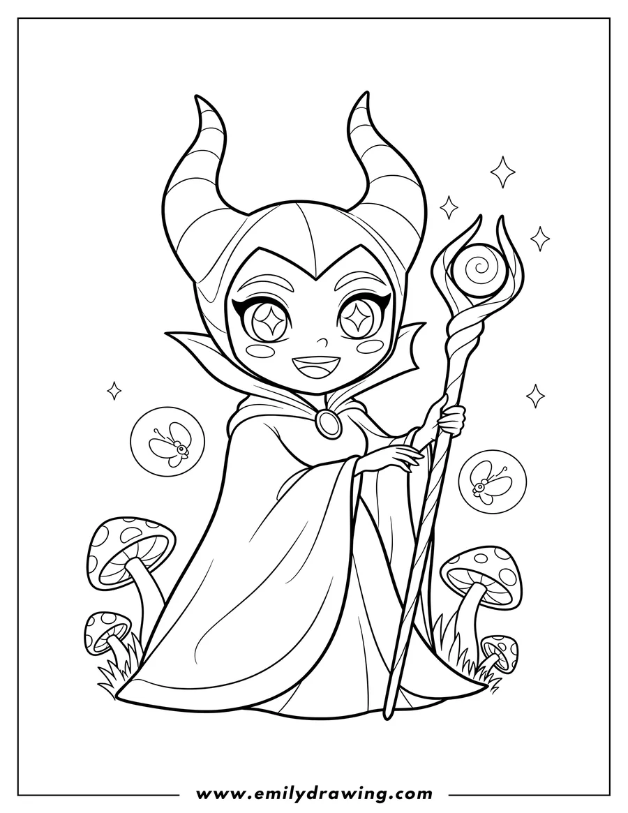 Free printable coloring sheet of kawaii Maleficent smiling and holding a staff