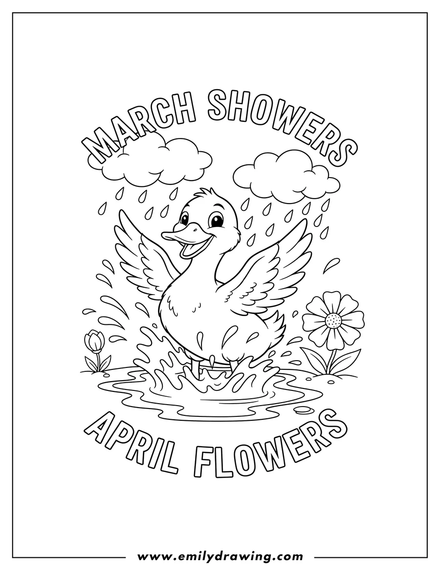 Linear illustration of march Showers Bring April Flowers With a happy duck splashing in water with its wings spread