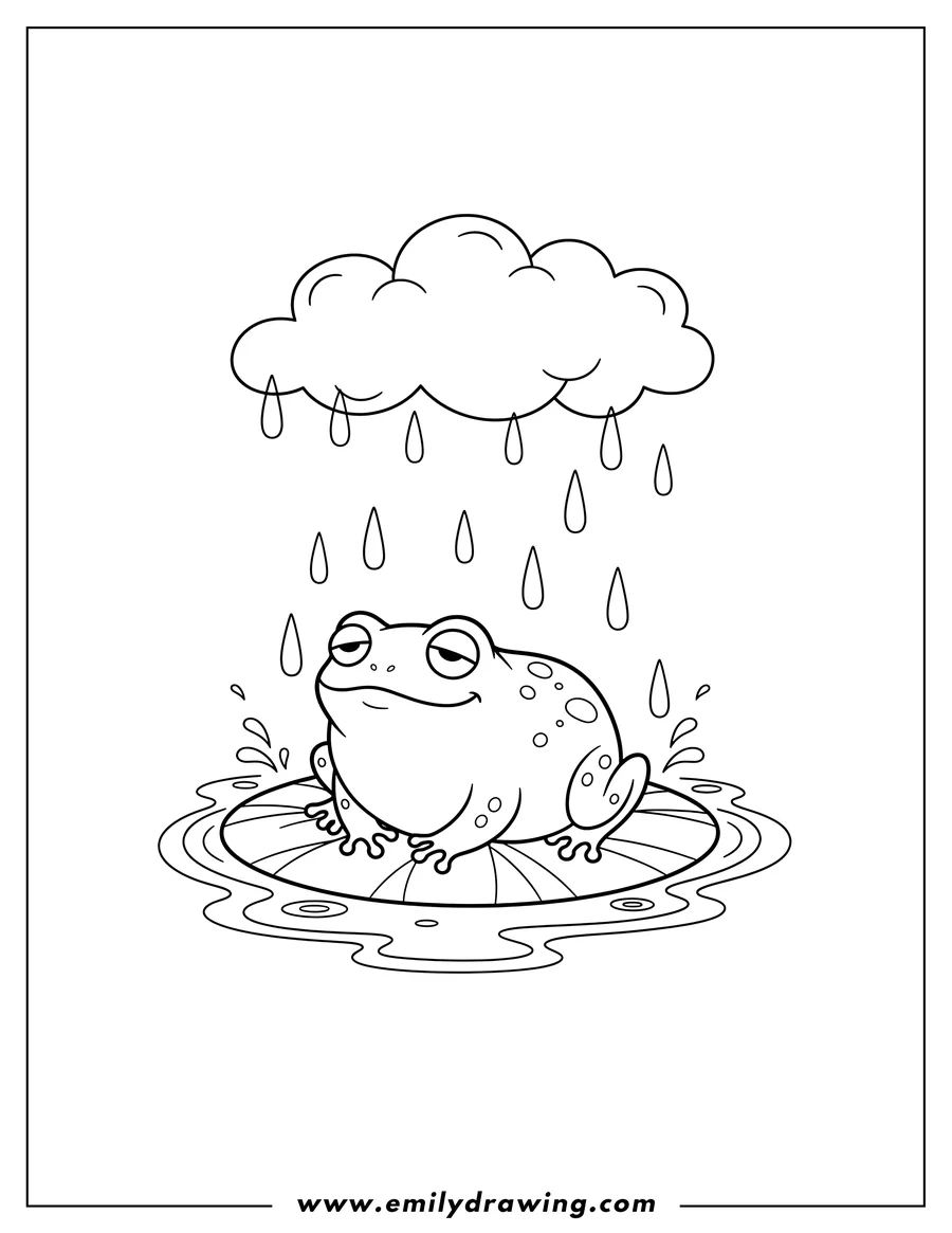 Outline drawing of march showers with falling raindrops over a sleepy frog on a lily pad