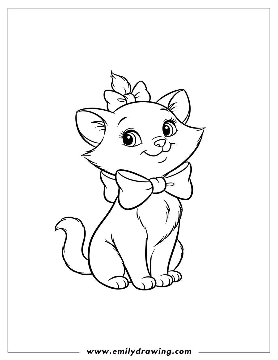 Vector style outline of kawaii Marie Aristocats Kitten sitting, smiling, and looking up