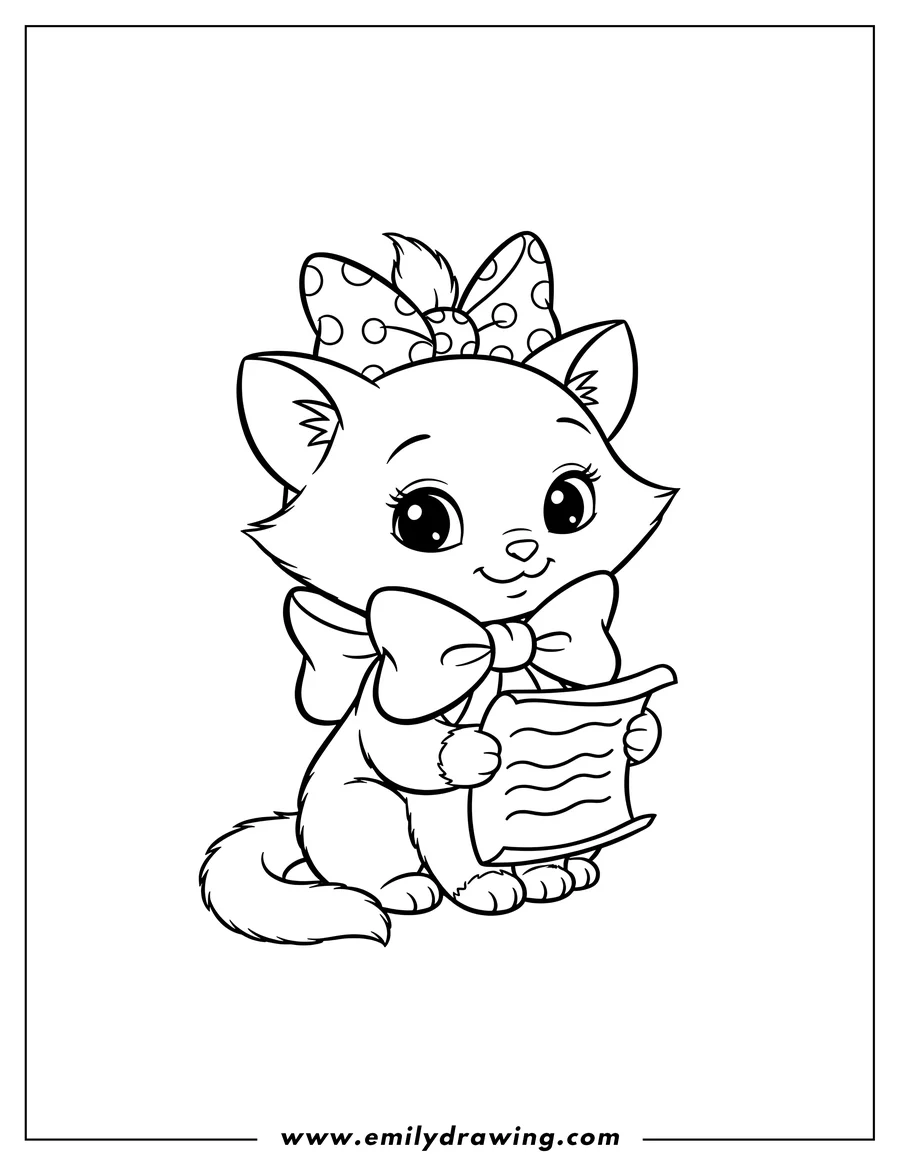 Full page coloring image of kawaii Marie wearing a bow on her head and a large neck bow, sitting and holding a scroll