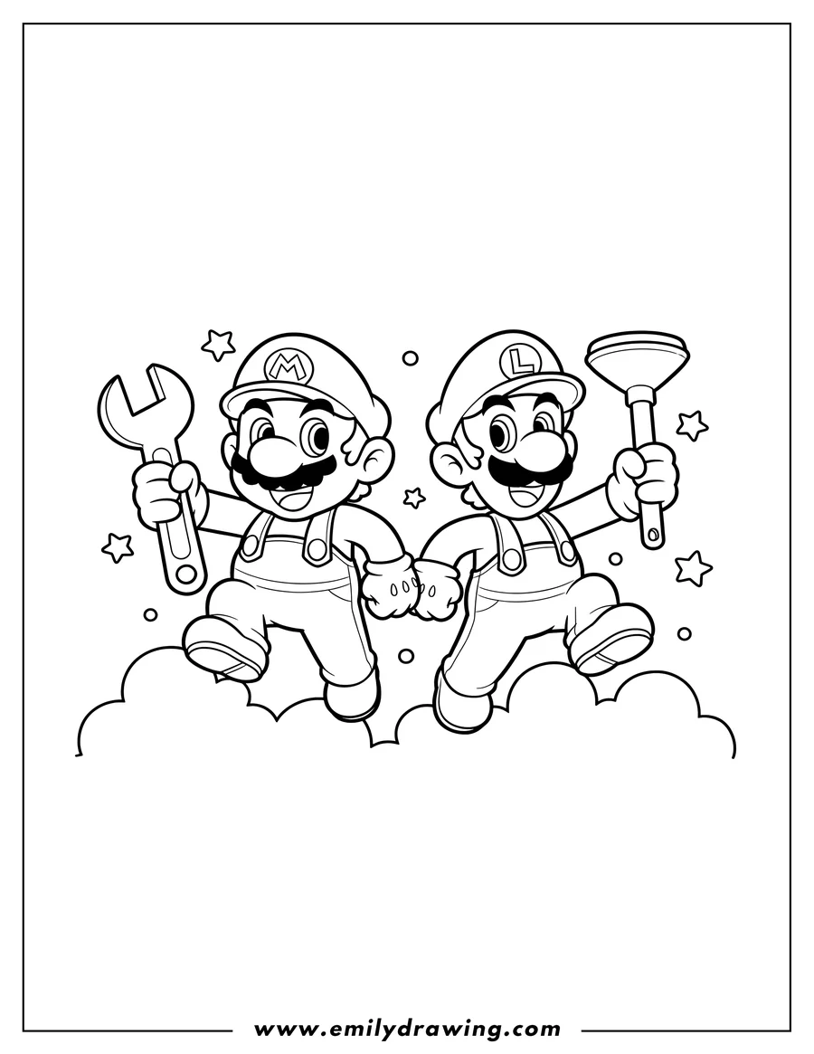 Clean line drawing: kawaii Mario And Luigi jumping with a wrench and plunger