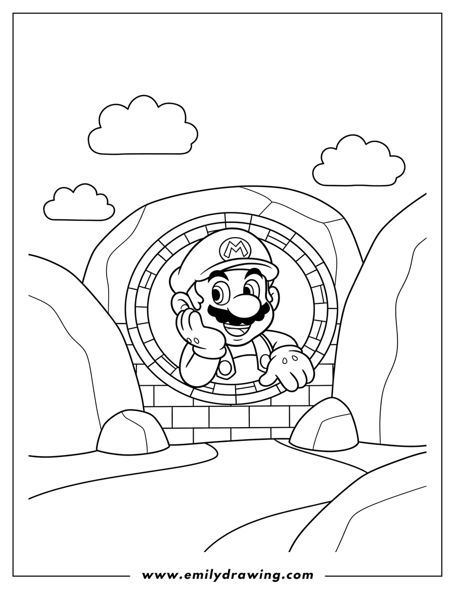 Downloadable coloring page of mario peeking out of a tunnel, smiling, and resting his head on his hand