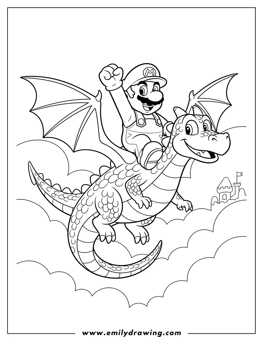Coloring sheet featuring mario riding a flying dragon with a raised fist