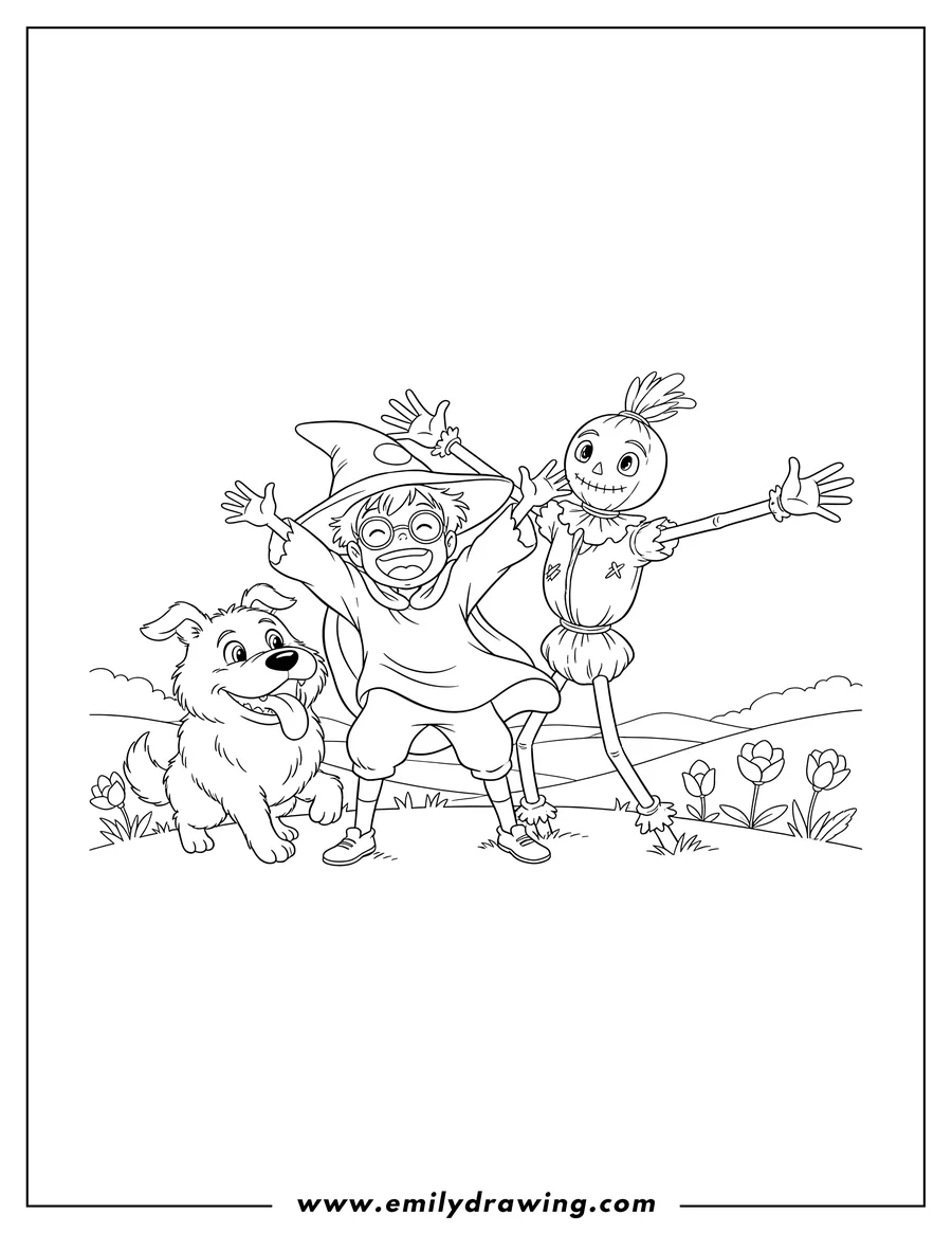 High quality printable markl Hin laughing with Heen and the smiling Scarecrow with outstretched arms from Howl's Moving Castle for coloring