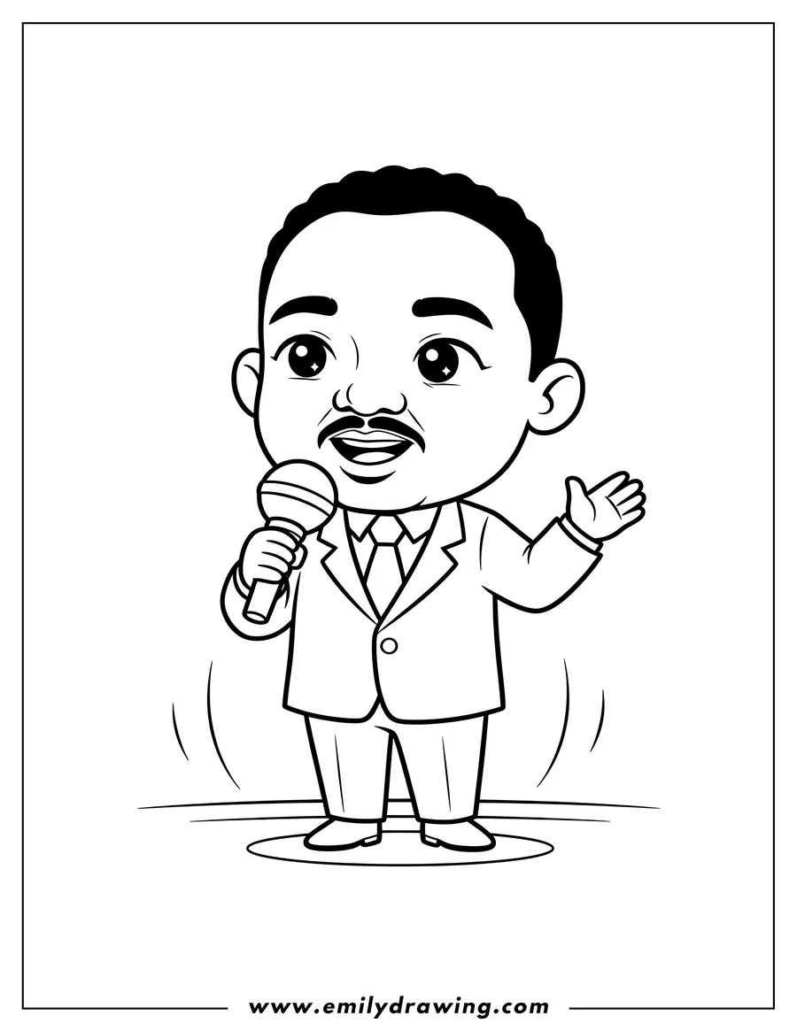 Coloring page of kawaii Cartoon Martin Luther King Jr giving a speech into a microphone, wearing a suit and tie, looking up