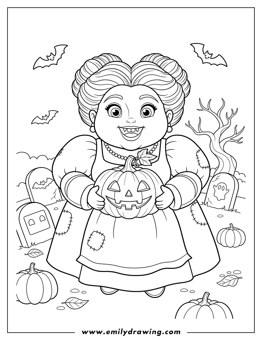 Printable coloring page of kawaii Mary Sanderson Cemetery, smiling and holding a pumpkin