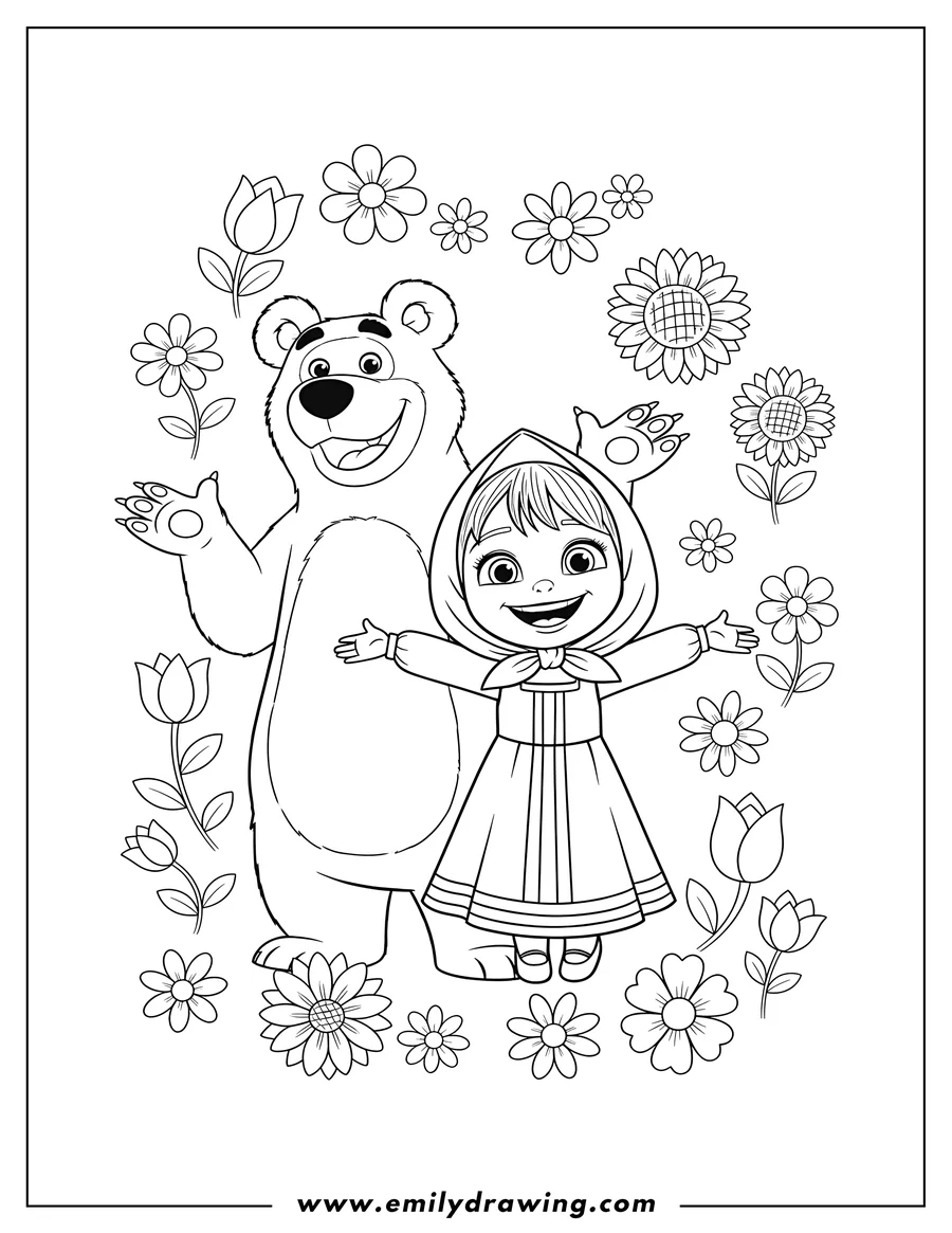 Doodle style coloring picture of kawaii Masha smiling with outstretched arms and a smiling Bear, surrounded by flowers