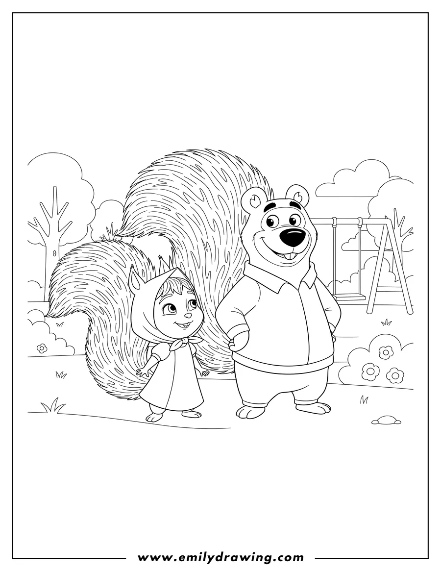 Coloring page for kids: masha And Bear Squirrel Preschoolers, standing upright with a bushy tail, looking to the side
