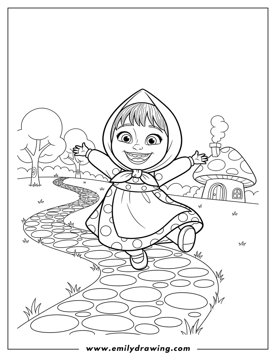 Coloring page for kids: kawaii Masha in a headscarf, smiling broadly with outstretched arms, dancing on a winding path