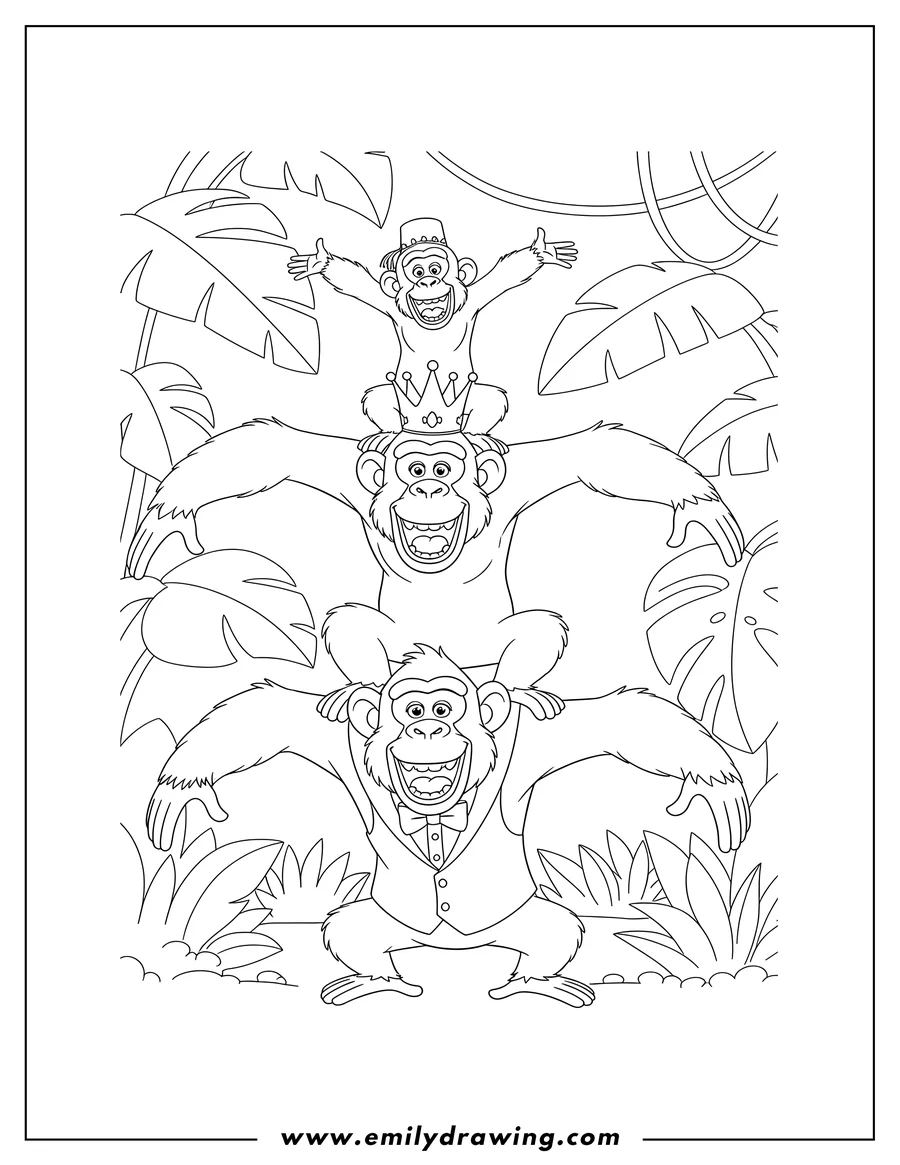 Doodle style coloring picture of mason And Phil Chimpanzees Madagascar, in a three-monkey stack with open mouths