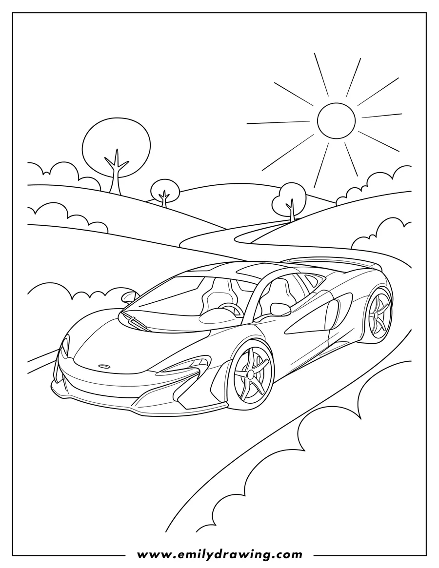Simple sketch of A Mclaren Htt Plethore sports car on a winding road to color