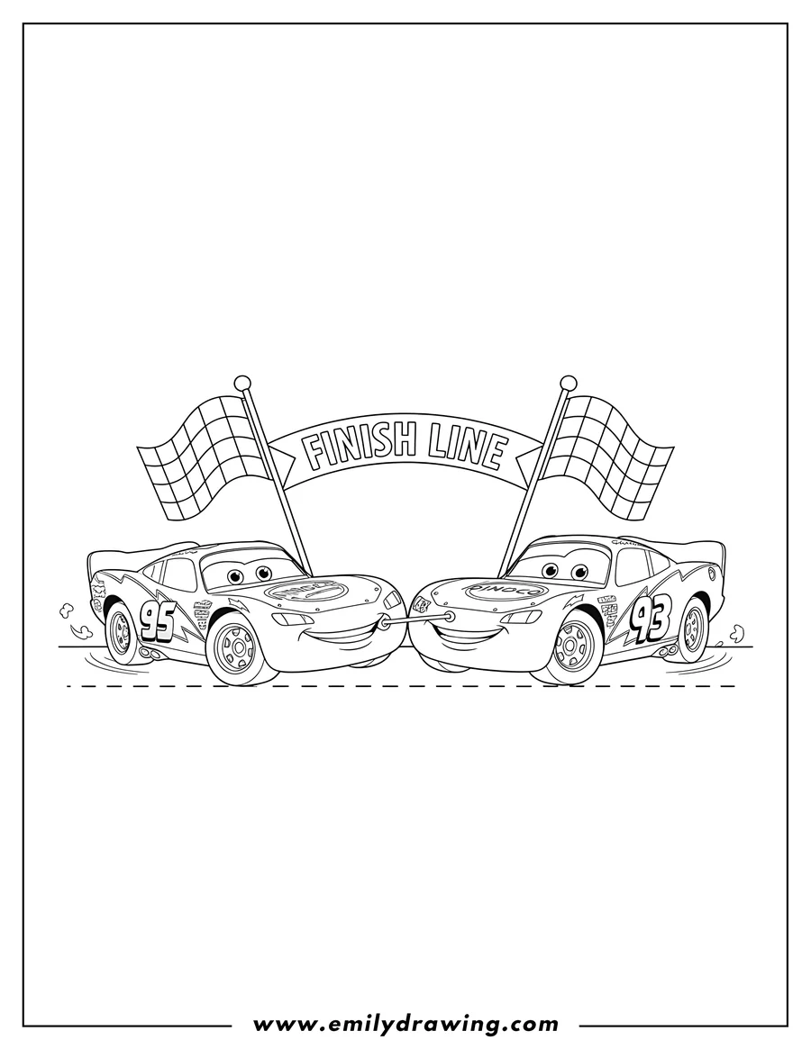 Coloring page for kids: mcqueen (car 95) helping The King (car 43) side-by-side over the finish line