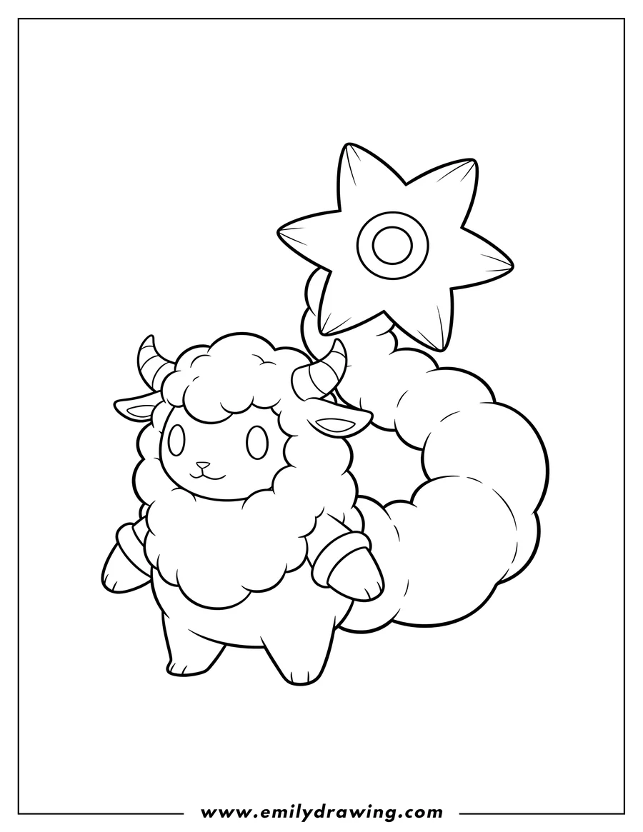 Coloring sheet featuring kawaii Mega Ampharos standing with a large curly tail