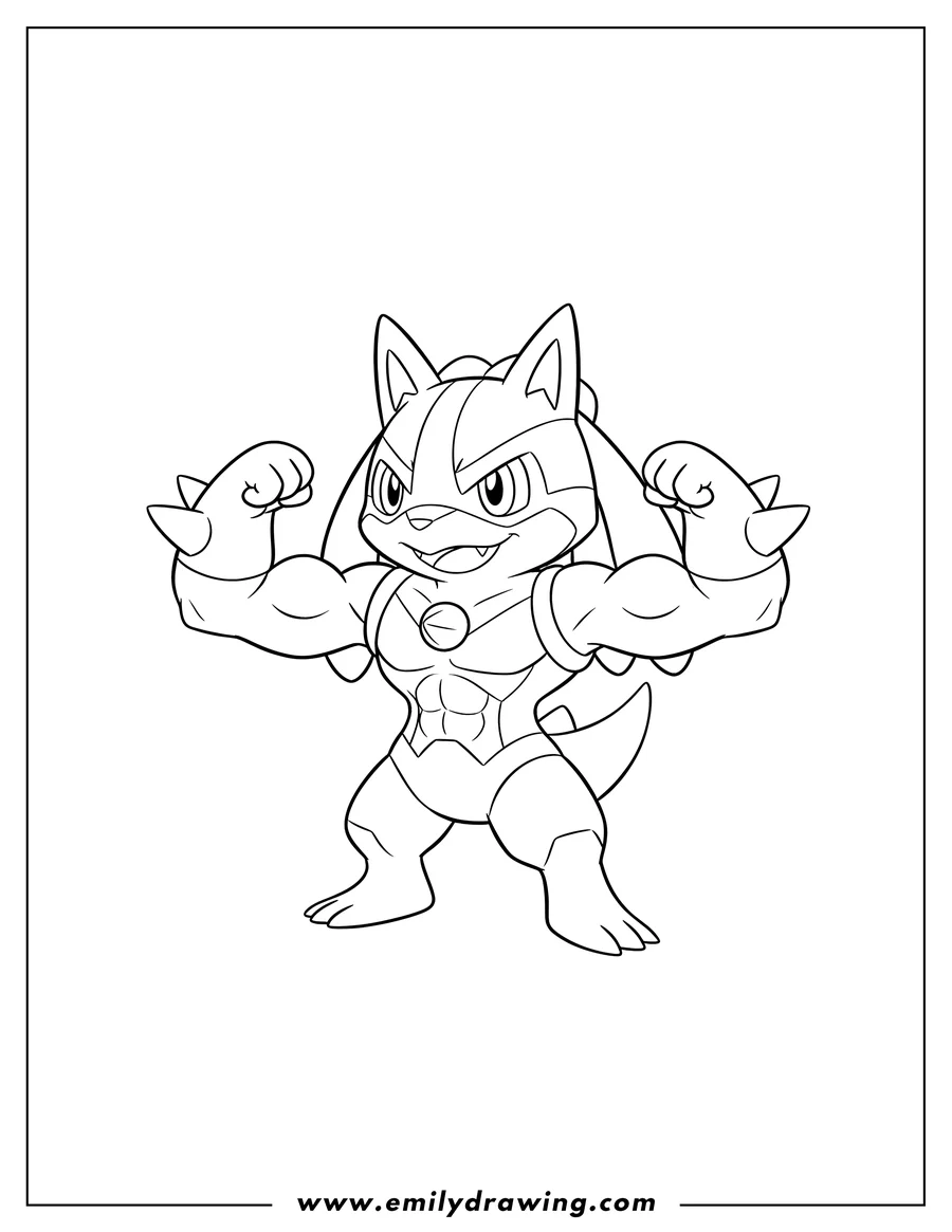 Black and white line art of kawaii Mega Lucario flexing, with a confident smile