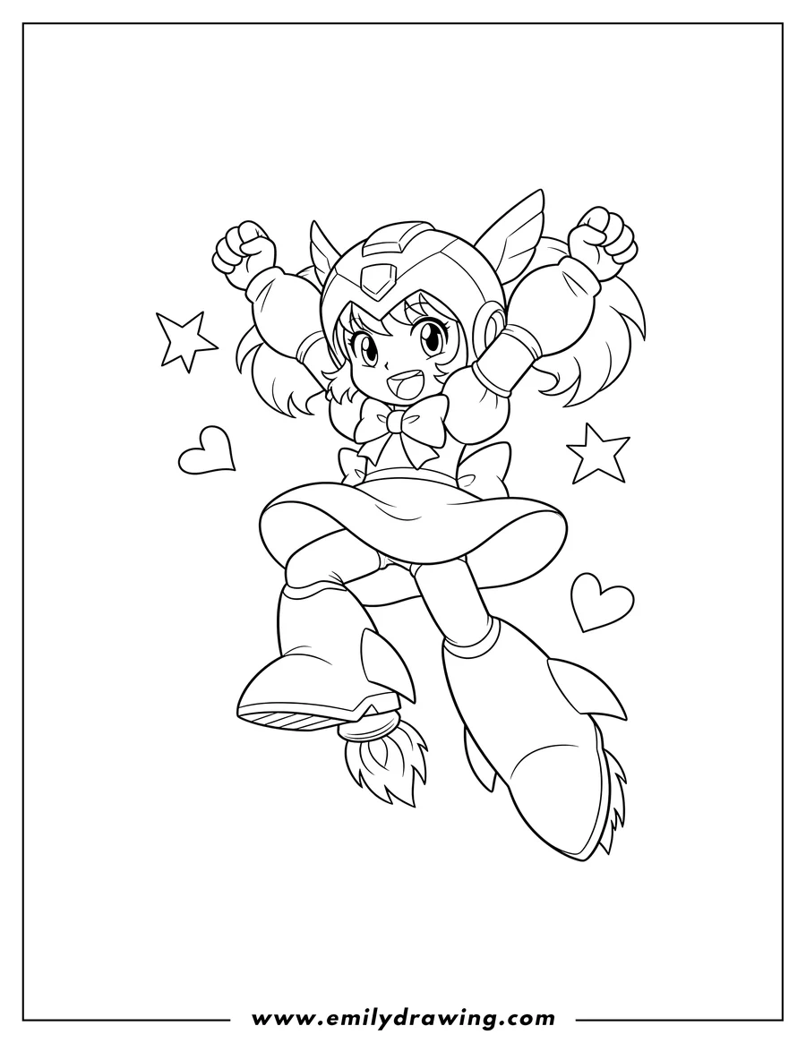 Printable coloring page of kawaii Mega Man Roll jumping excitedly with large boots