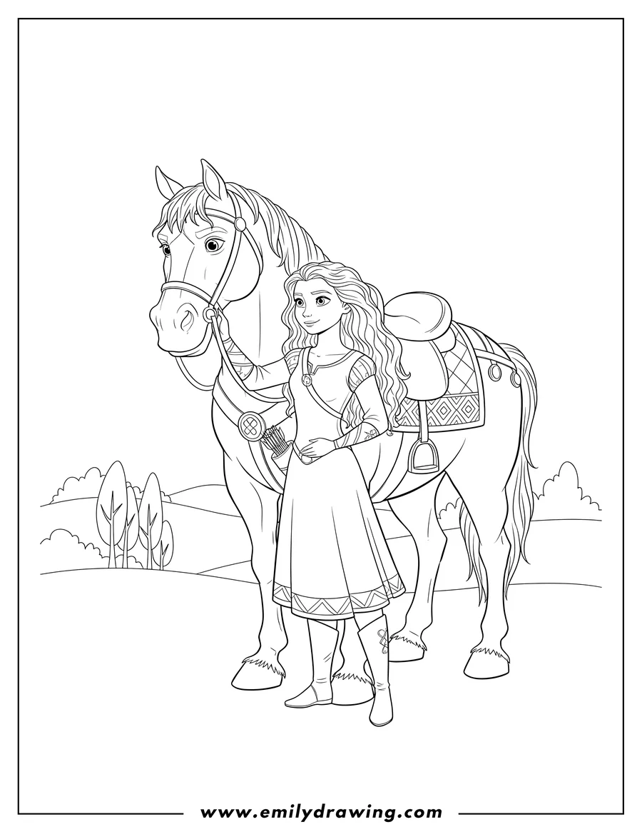 Simple sketch of merida gently touching the face of her saddled horse Angus, with a quiver on her back to color