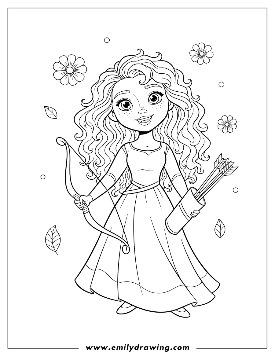 PDF style coloring page: kawaii Merida with curly hair, smiling and looking up, holding a bow and arrows