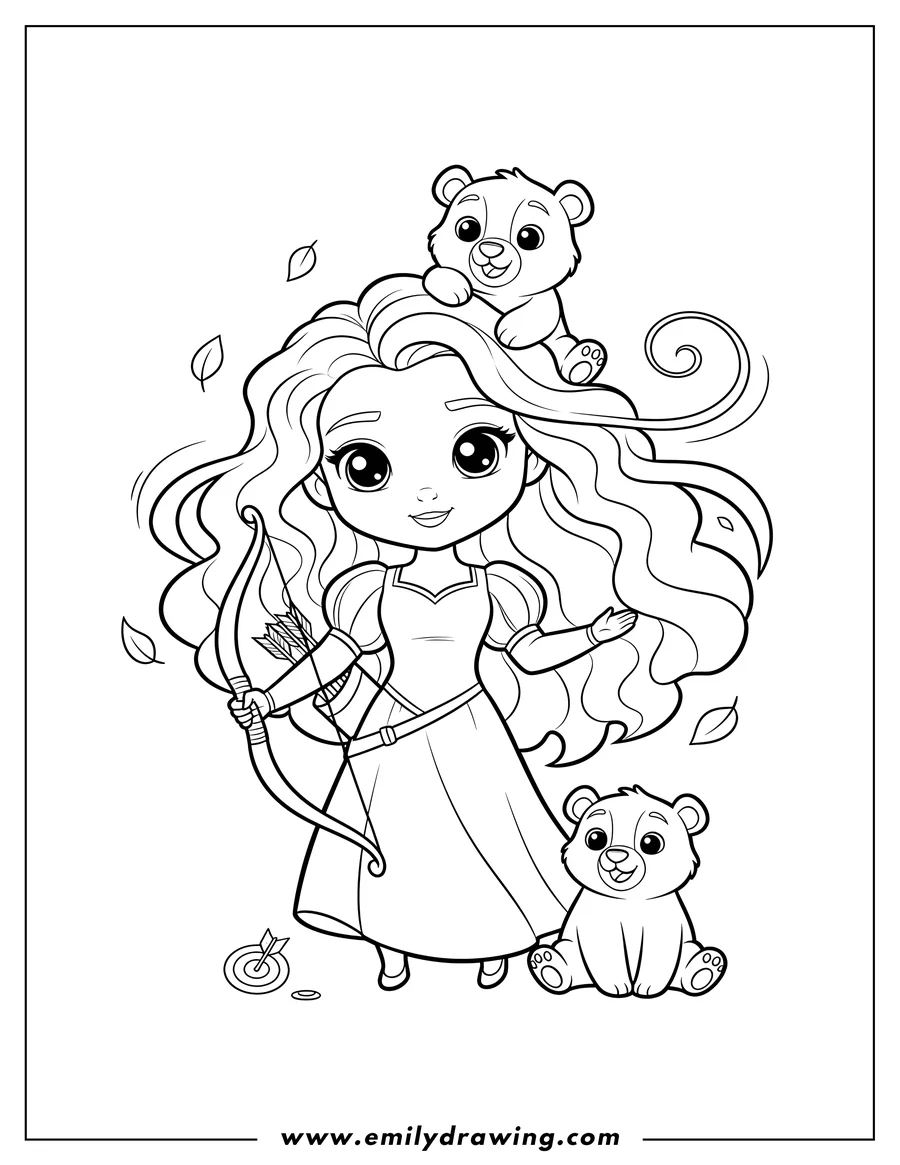 Printable coloring page of kawaii Merida With Her Triplet Bear Cubs, holding a bow and arrows, with two cubs stacked