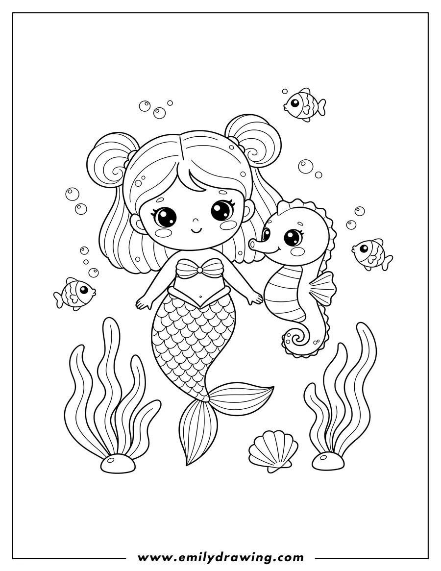 PDF style coloring page: kawaii Themed Smiling Mermaid and Happy Seahorse together