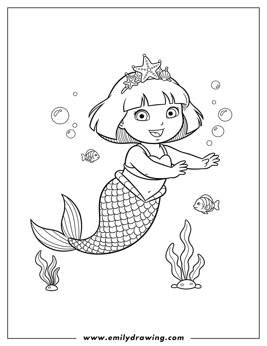 Free to print drawing of mermaid Dora Scaled, happily swimming and wearing a crown