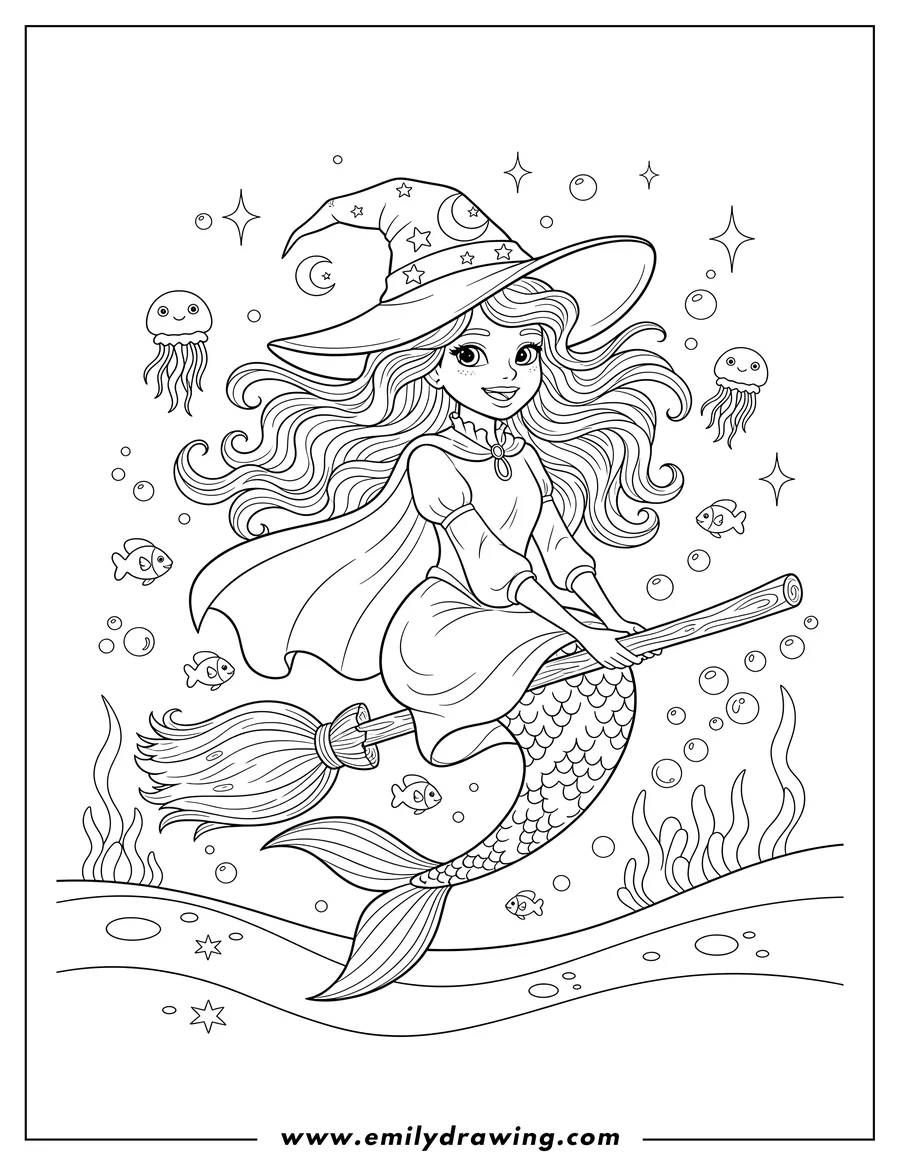 PDF style coloring page: smiling mermaid witch with long flowing hair and a witch hat, riding a broomstick underwater