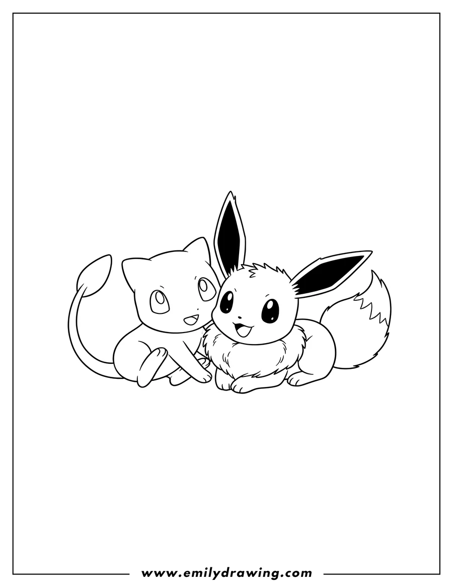 PDF style coloring page: mew and Eevee lying down, snuggled close, and smiling happily