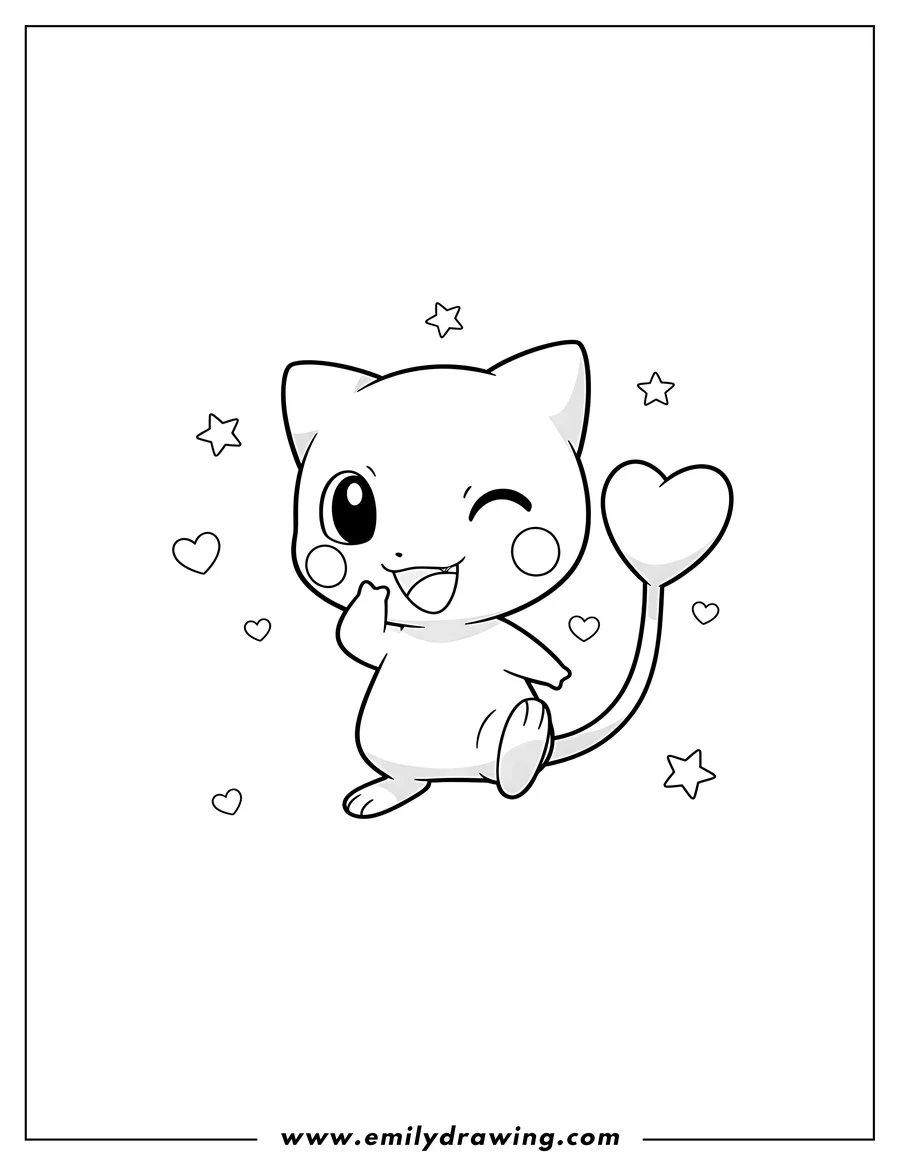 High quality printable kawaii Mew winking with a paw to its mouth and a heart-shaped tail Preschoolers for coloring