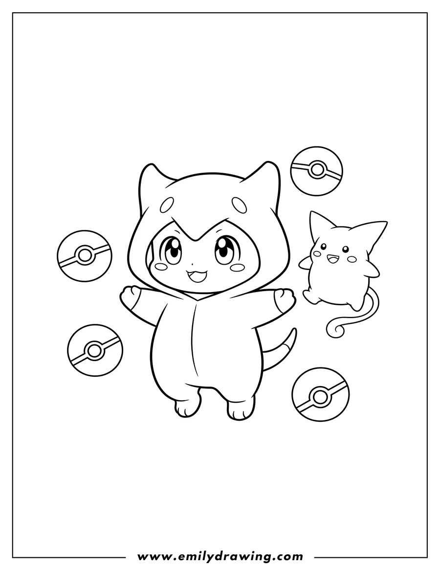 Free to print drawing of kawaii Mewtwo Preschoolers in a hooded onesie with floating Pokeballs and a Clefairy