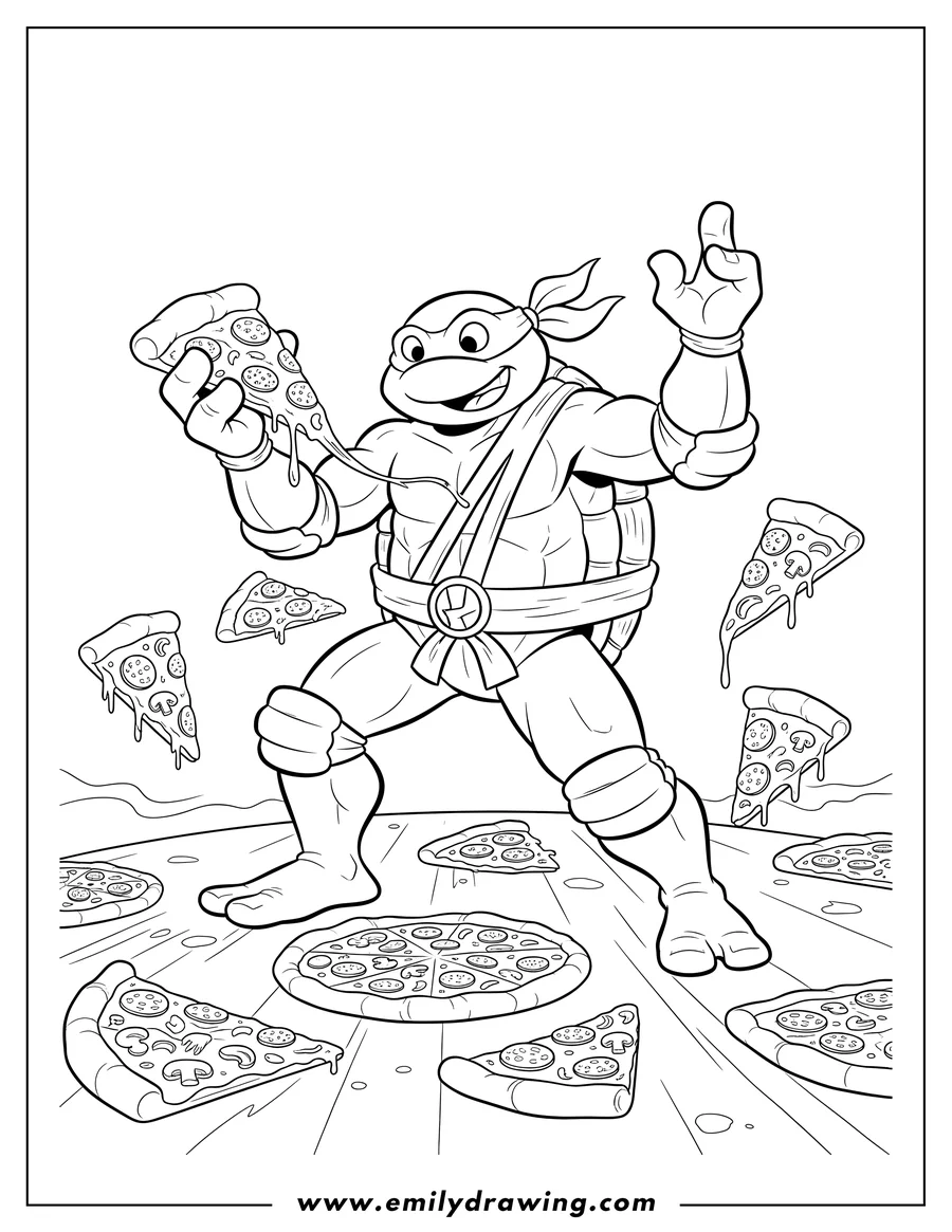 High quality printable michelangelo Eating Pizza, holding a slice and surrounded by other pizza slices for coloring
