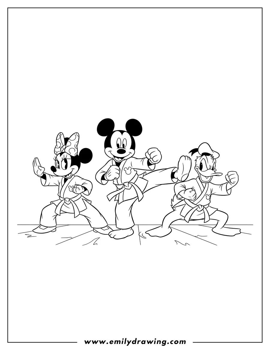 Printable coloring page of mickey Mouse Minnie Mouse And Donald Duck wearing karate gis and striking dynamic poses