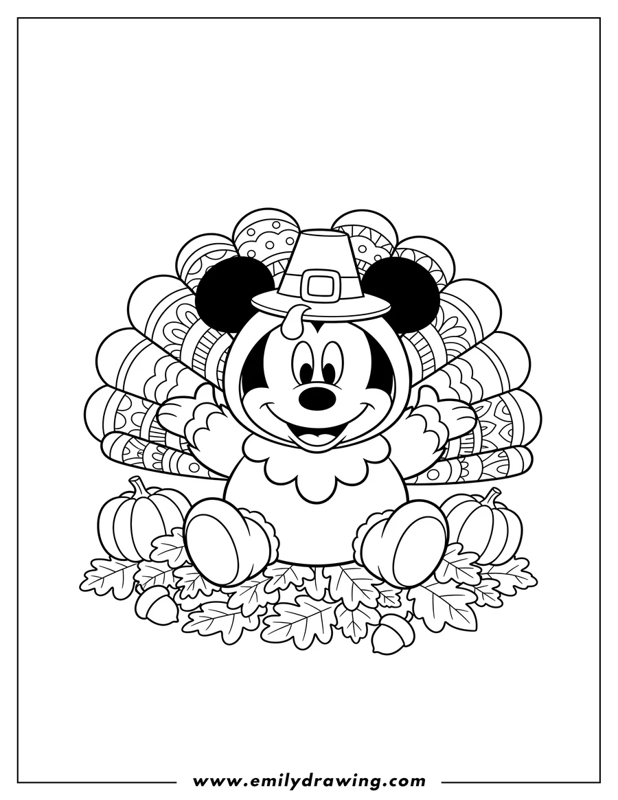 High quality printable kawaii Mickey Mouse dressed as a Thanksgiving turkey, sitting amidst fall leaves for coloring